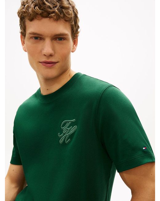Tommy Hilfiger Green Tonal Logo Embroidery Crew Neck T-Shirt for men