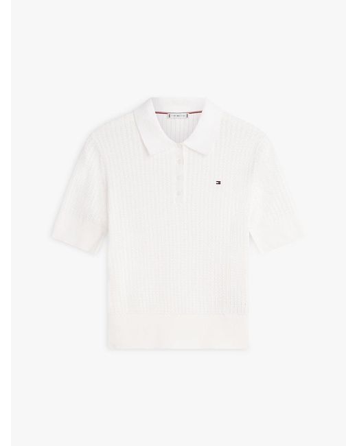 Tommy Hilfiger White Pointelle Short Sleeve Polo Jumper