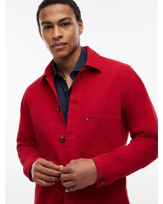 Tommy Hilfiger Red Washed Flag Embroidery Denim Chore Jacket for men