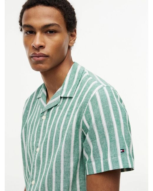 Tommy Hilfiger Green Linen Blend Textured Stripe Short Sleeve Shirt for men