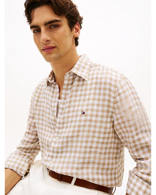 Tommy Hilfiger White Regular Fit Gingham Check Pure Linen Shirt for men