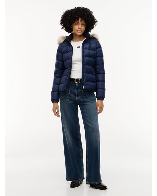 Tommy Hilfiger Blue Faux Fur Hood Slim Down Jacket