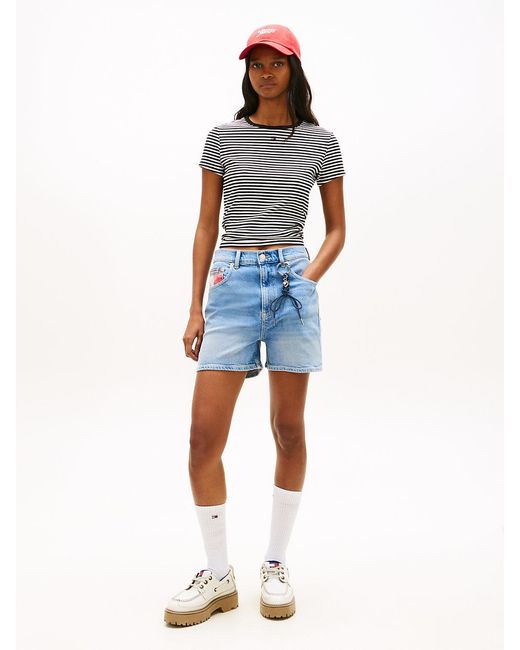 Tommy Hilfiger Blue Colour-Blocked Coin Pocket Mom Denim Shorts