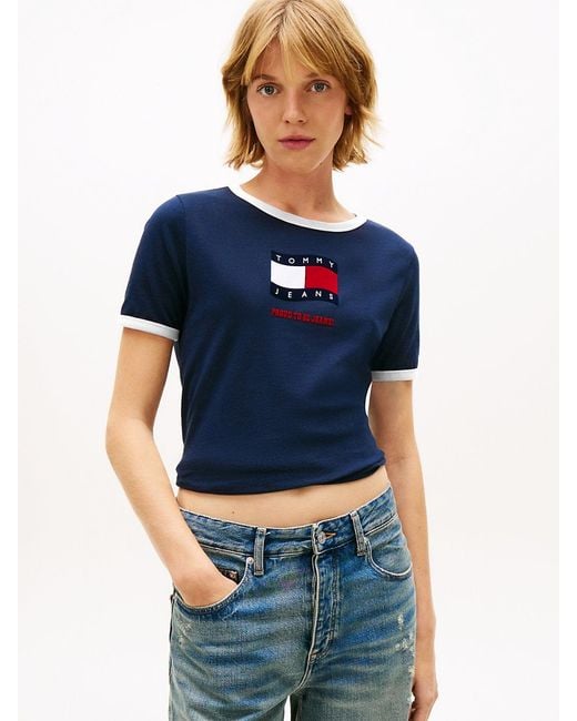 Tommy Hilfiger Blue Wavy Flag Contrast Ringer T-Shirt