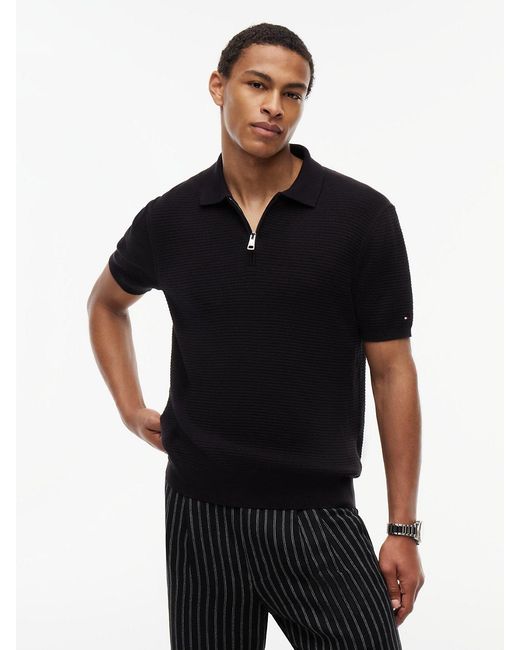 Tommy Hilfiger Black Regular Fit Textured Knit Zip Polo Shirt for men