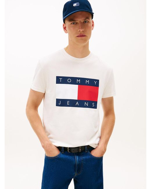Tommy Hilfiger White Short Sleeve Cotton Graphic T-shirts With Big Flag Logo Design for men