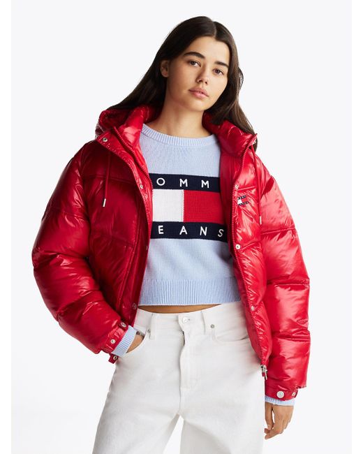 Tommy Hilfiger Red Shiny Hooded Puffer Jacket