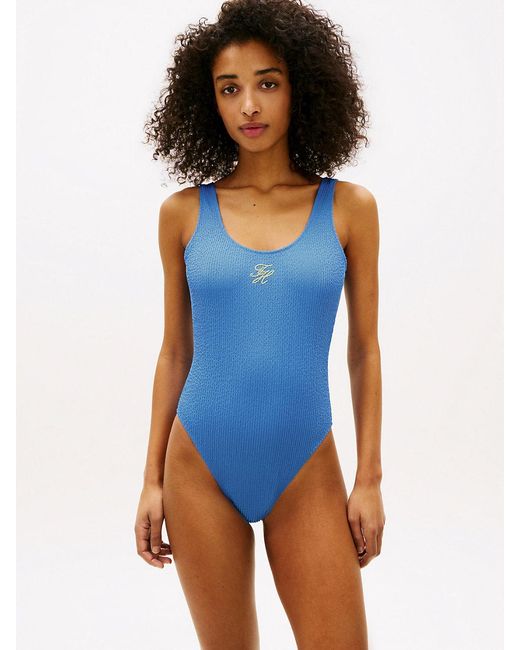 Tommy Hilfiger Blue Crinkle Logo Embroidery Scoop Back Swimsuit