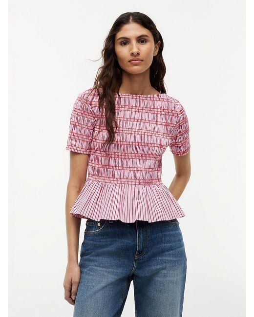 Tommy Hilfiger Red Smock Stripe Ruffle Boat Neck Top