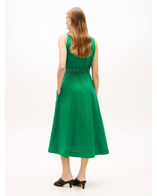 Tommy Hilfiger Green Belted Linen Blend Sleeveless Wrap Midi Dress
