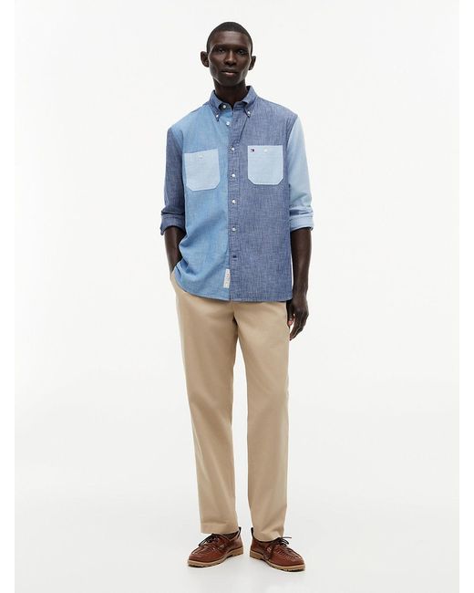 Tommy Hilfiger Blue Relaxed Fit Colour-Blocked Chambray Shirt for men
