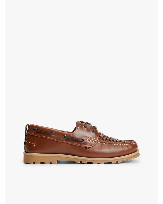 Tommy Hilfiger Brown Leather Braided Boat Shoes for men