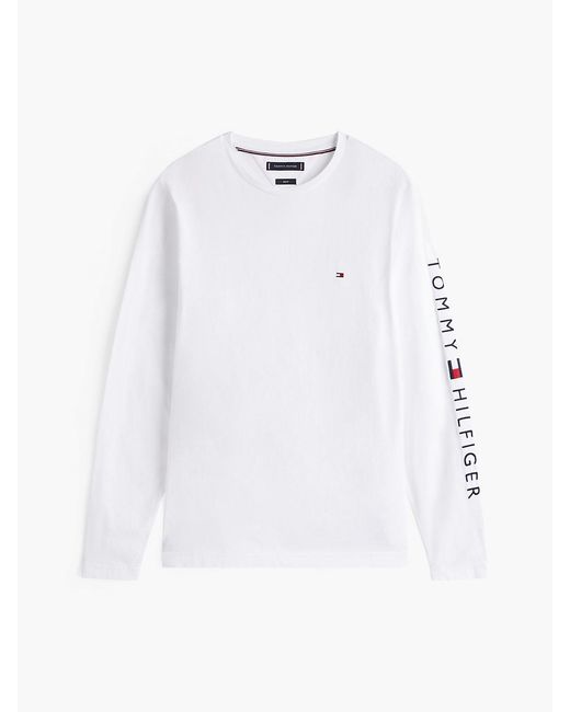 Tommy Hilfiger White Embroidered Logo Long Sleeve Tee for men