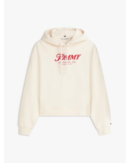 Tommy Hilfiger White Textured Logo Relaxed Drawstring Hoody