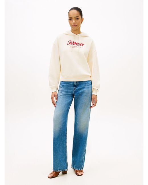 Tommy Hilfiger White Textured Logo Relaxed Drawstring Hoody