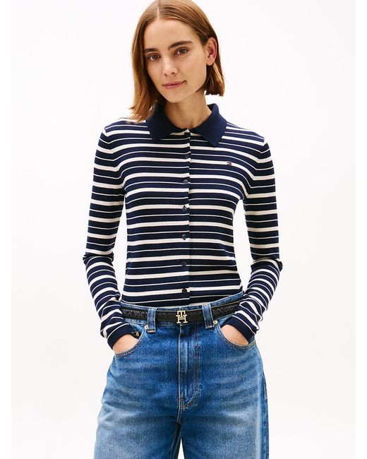 Tommy Hilfiger Blue Polo Collar Slim Cardigan With Silk