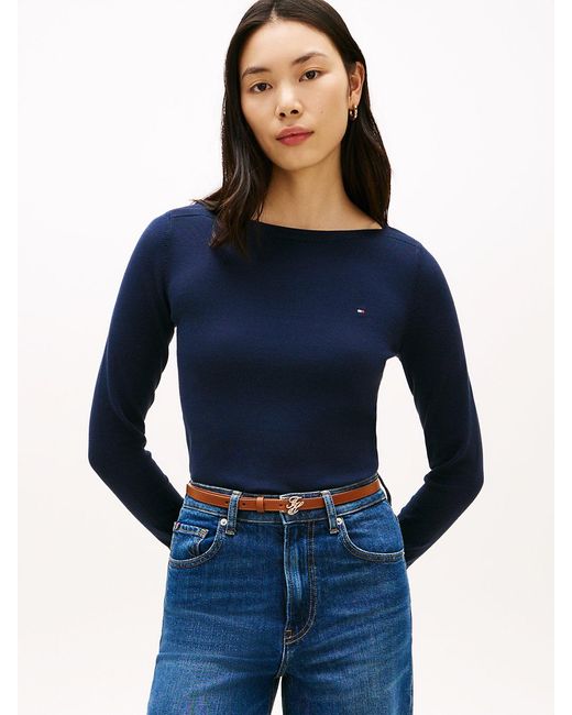 Tommy Hilfiger Blue Tone Button Jersey Boat Neck Jumper