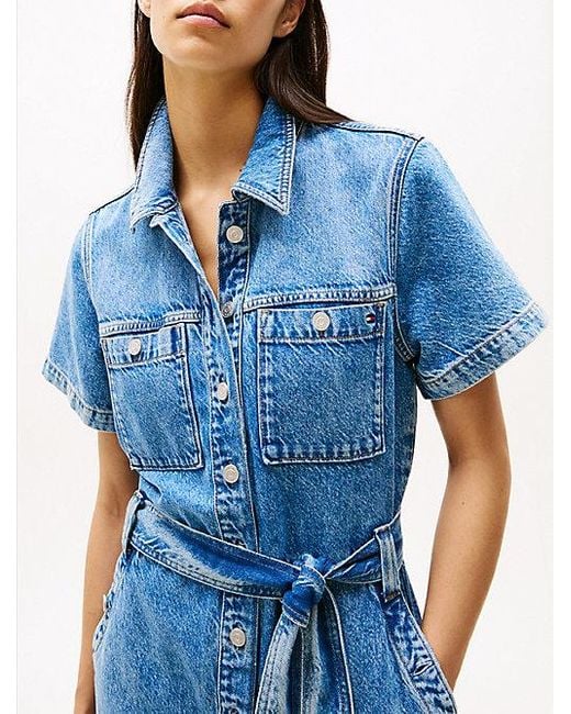 Tommy Hilfiger Denim Mini-Jurk Met Ceintuur En Korte Mouwen in het Blue