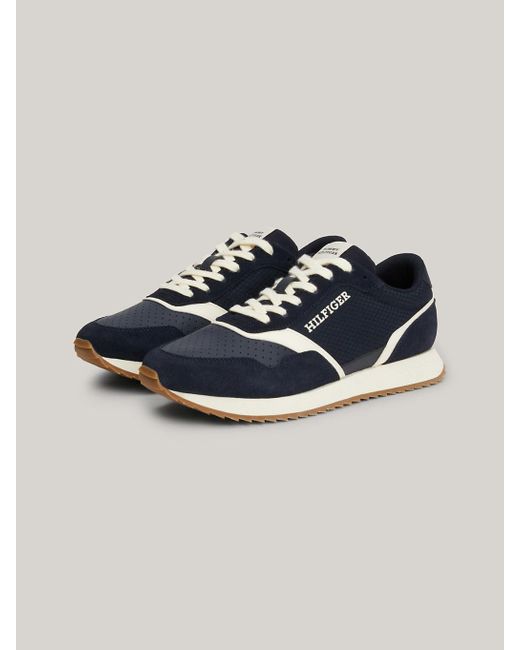 Tommy Hilfiger Blue Leather Mixed Texture Runner Trainers for men