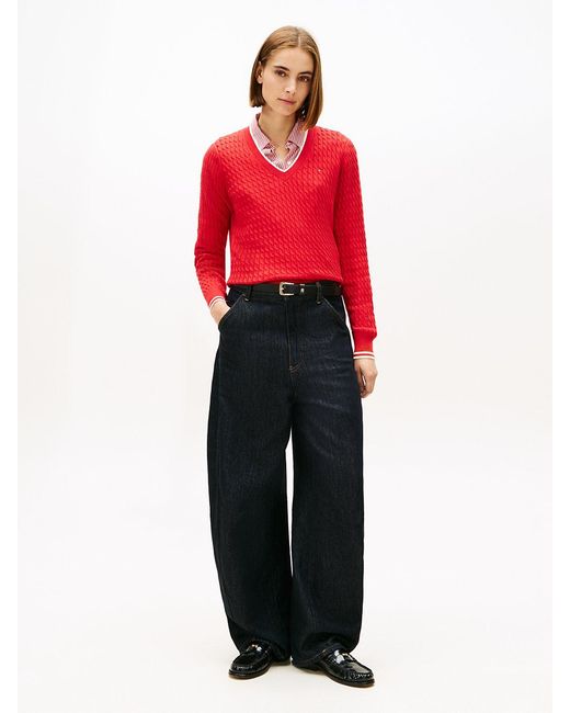 Tommy Hilfiger Red Cable Knit V-neck Jumper