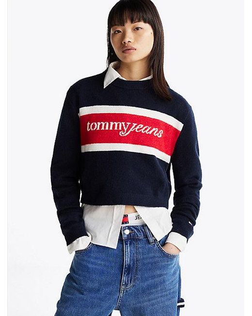 Tommy Hilfiger Blue Pullover Mit Wolle Und Color Block-Design