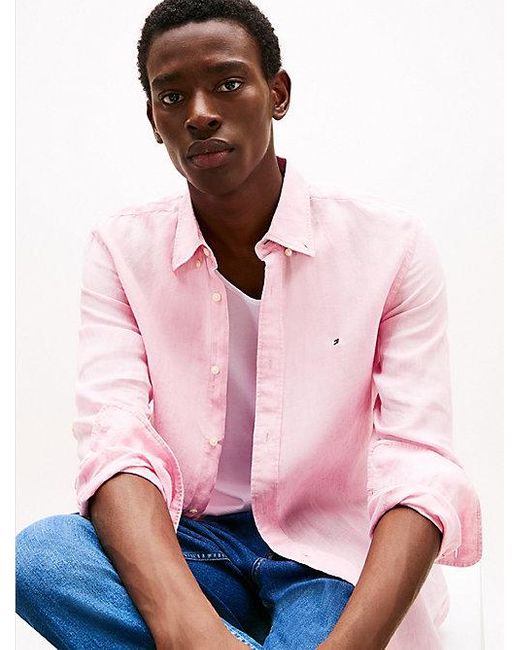 Tommy Hilfiger Regular Fit Overhemd Van Pigment-dyed Linnen in het Pink voor heren
