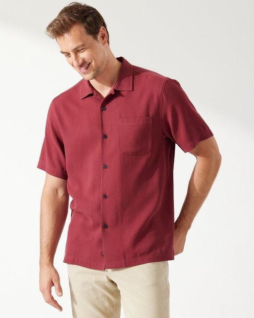 Tommy Bahama Silk Hawaiian Herringbone Camp Shirt in Cherry Stone (Red