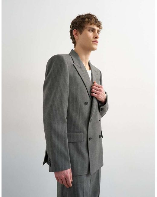 Topman Gray Relaxed Pinstripe Double Breasted Suit Jacket for men