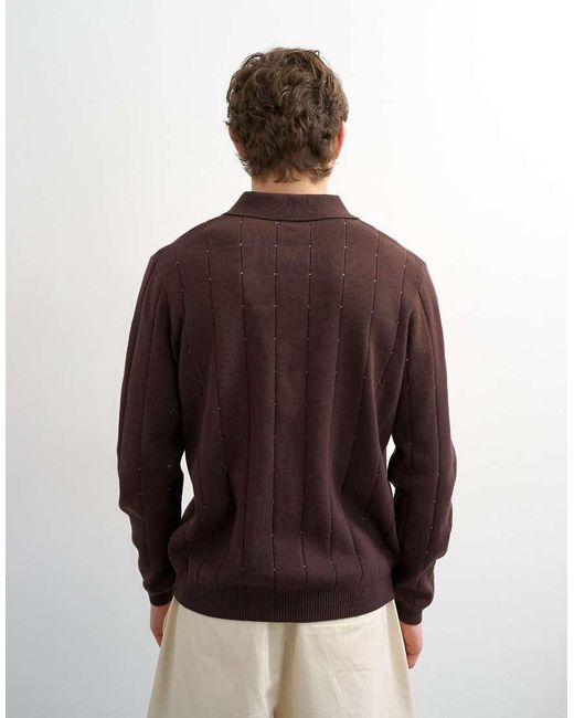 Topman Brown Classic Fit Long Sleeve Pointelle Knitted Polo for men
