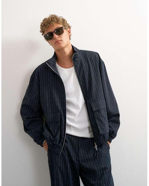 Topman Blue Oversized Fit Tailored Funnel Neck Bomber Jacket With Boucle Pinstripe for men