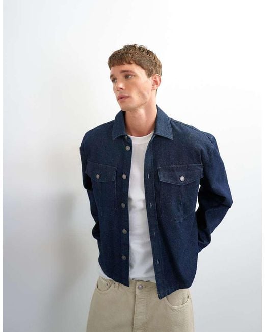 Topman Blue Relaxed Fit Denim Overshirt for men