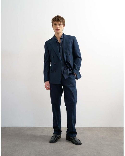 Topman Blue Straight Fit Linen Rich Trousers for men