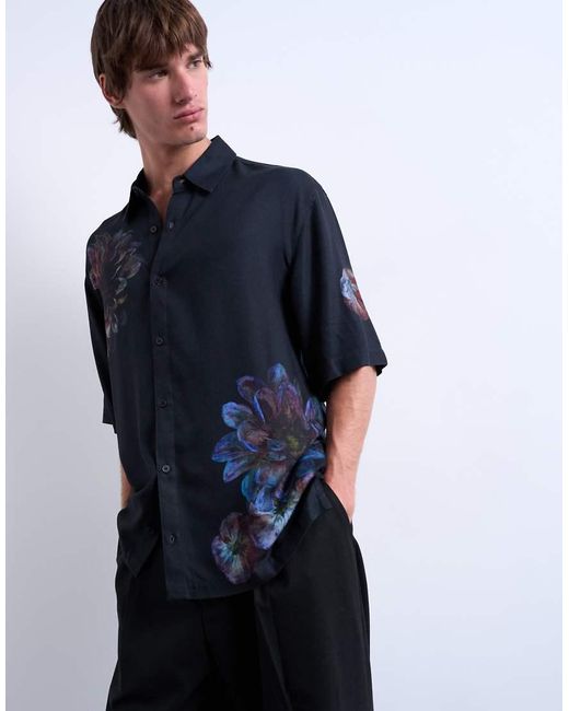Topman Blue Relaxed Fit Short Sleeve Twill Shirt With Placement Floral Print for men