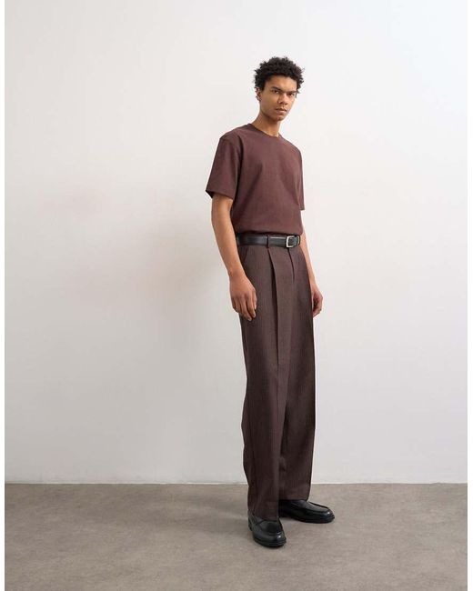 Topman Brown Wide Leg Pinstripe Trousers for men