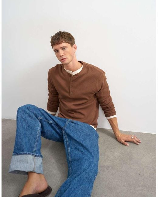 Topman Brown Slim Fit Long Sleeve Rib Knit Henley T-shirt for men
