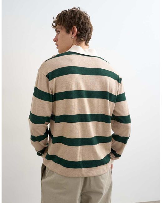 Topman Green Relaxed Cropped Long Sleeve Rugby Polo for men