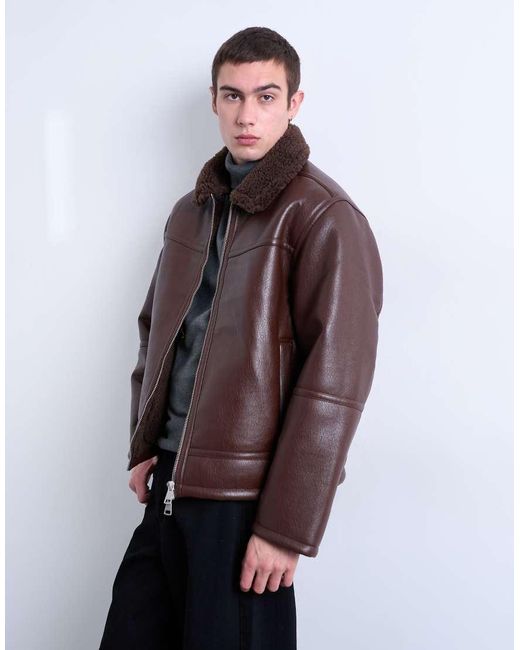 Topman Brown Faux Shearling Jacket With Zip Pockets for men