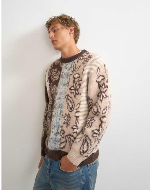 Topman Natural Relaxed Fit Knit Jumper With Placement Paisley Design for men
