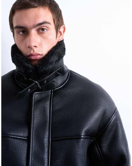 Topman Black Faux Shearling Jacket With Patch Pockets for men