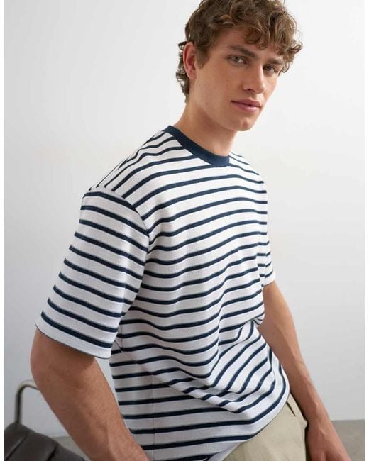 Topman Blue Relaxed Fit Textured T-shirt With Breton Stripe for men