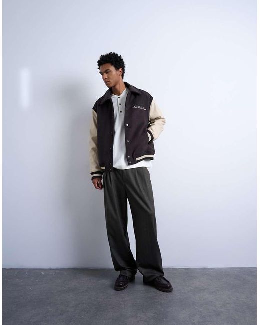 Topman Blue Embroidered Varsity Jacket for men