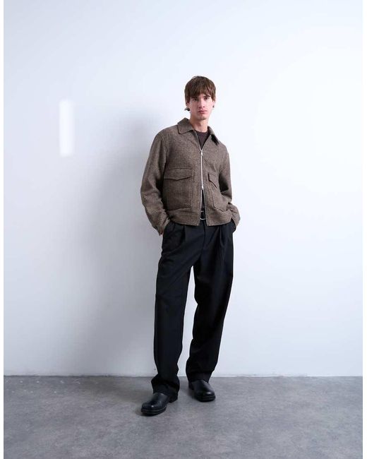 Topman Brown Herringbone Short Jacket for men