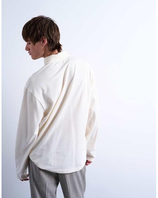 Topman White Relaxed Fit Structured Stitch Long Sleeve Polo Shirt for men