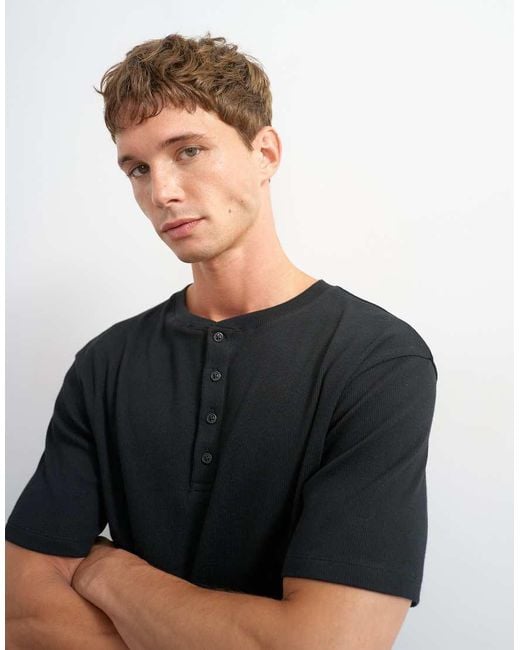 Topman Blue Slim Fit Rib Knit Henley Neck T-shirt for men