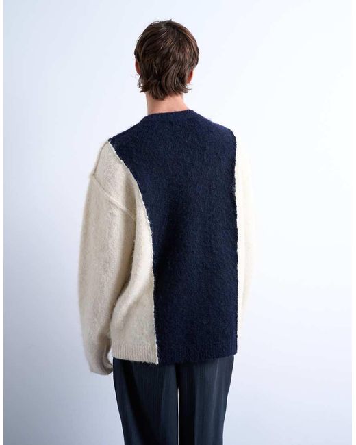 Topman Blue Relaxed Fit Fluffy Yarn Paneled Sweater for men