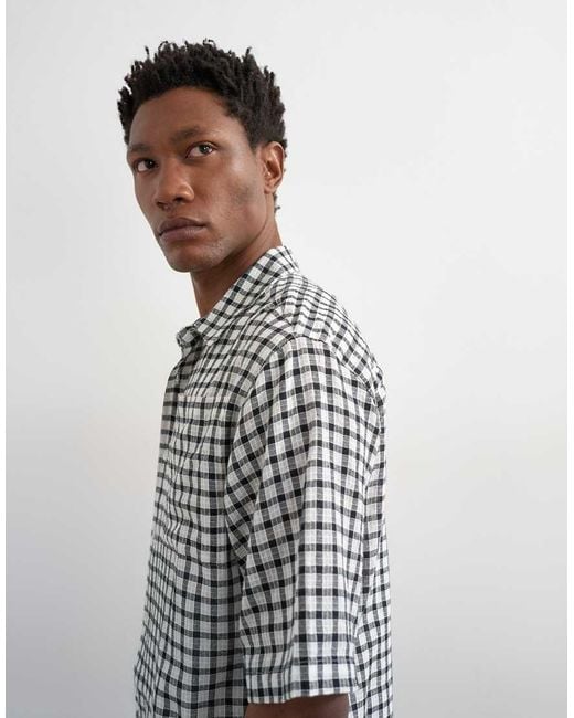 Topman White Relaxed Fit Crop Textured Check Shirt for men