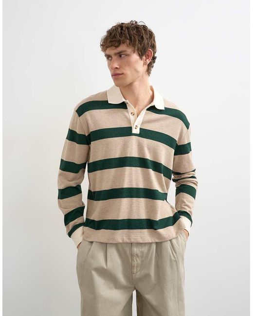 Topman Green Relaxed Cropped Long Sleeve Rugby Polo for men
