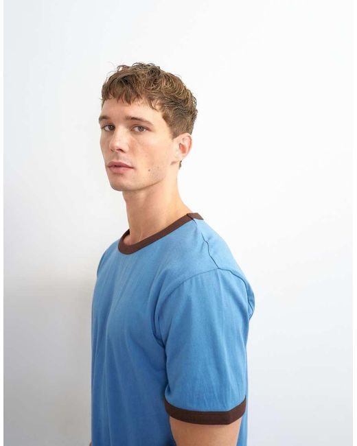 Topman Blue Classic Fit Crop Ringer T-shirt for men