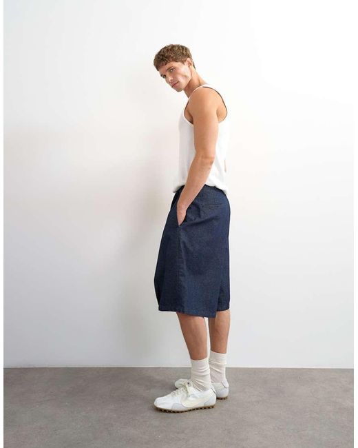 Topman Blue Wide Leg Denim Bermuda Short With Pronounced Pleat for men