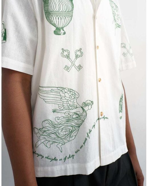 Topman White Relaxed Fit Linen Blend Shirt With All Over Placement Embroidery for men